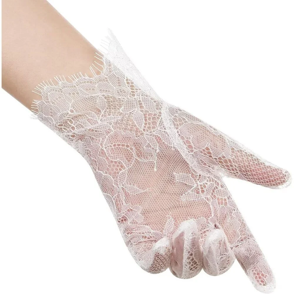 Women's Lvory 01 Floral Short Length Lace Tulle Mesh Wrist Wedding Party Gloves